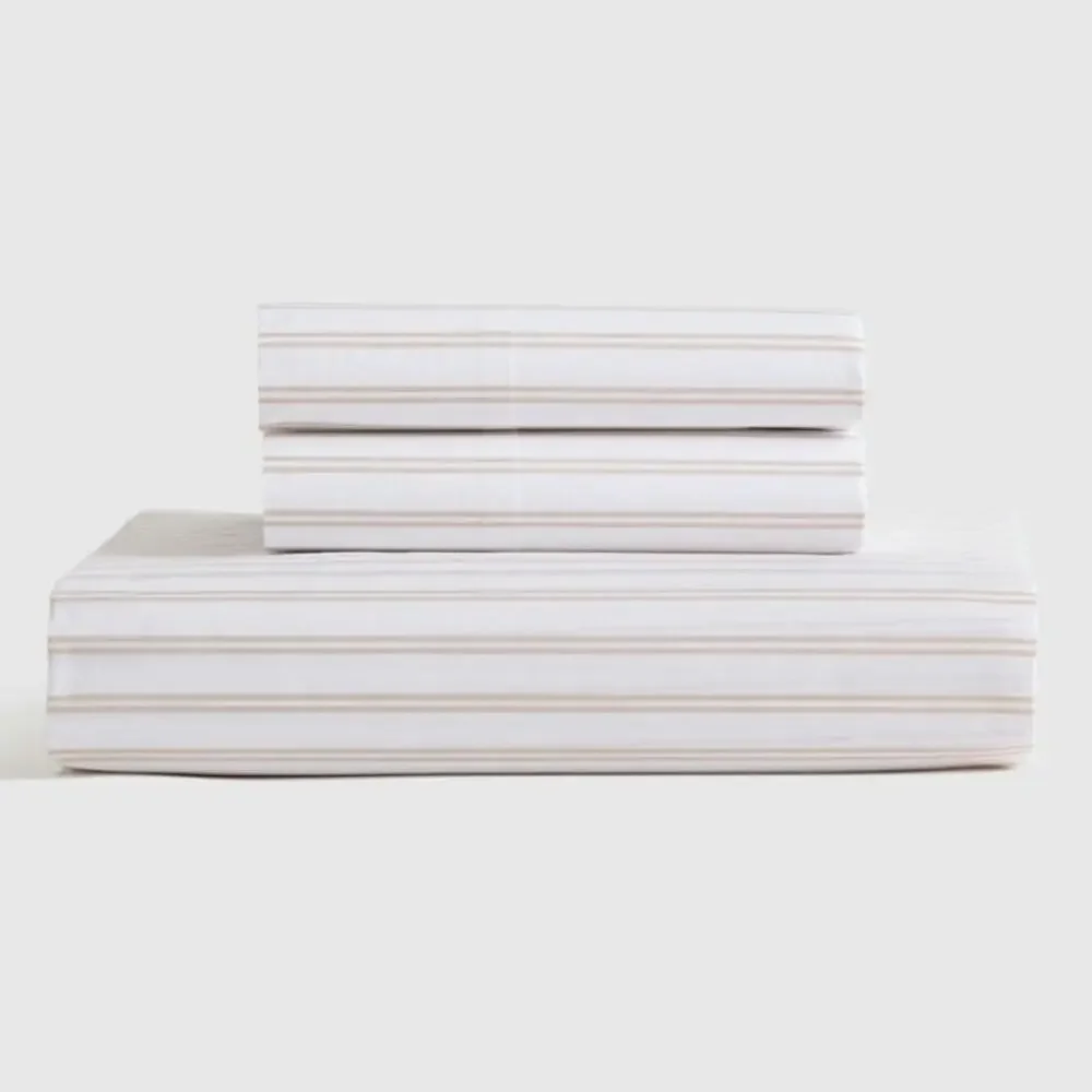 Quince Classic Organic Percale Double Stripe Fitted Sheet Set King, White/Toffee